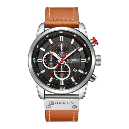 Men’s chronograph wrist watch with black dial, silver case, and tan vegan leather band