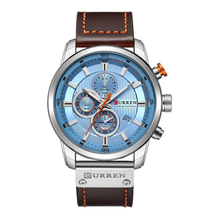 Men’s chronograph wrist watch with blue dial, silver case, and dark brown vegan leather band