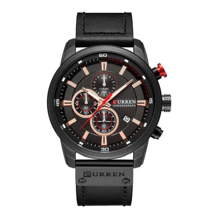 Men’s chronograph wrist watch with black dial, black case, and black vegan leather band