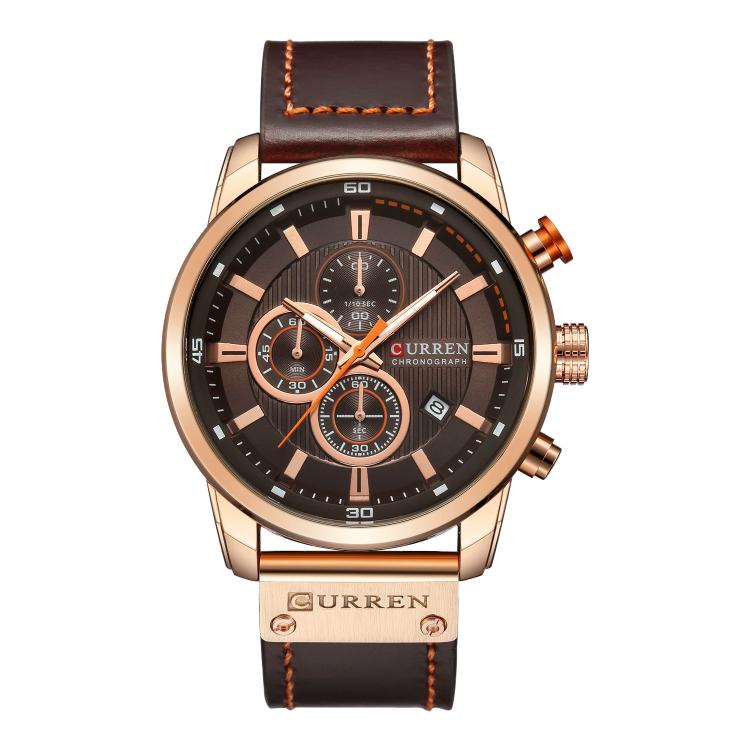 Men’s chronograph wrist watch with brown dial, rose-gold case, and dark brown vegan leather band