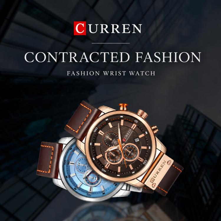 Men’s chronograph wrist watch with brown dial and brown vegan leather band on wrist