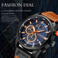 Men’s chronograph wrist watch close-up with orange-accent black dial and tan vegan leather band