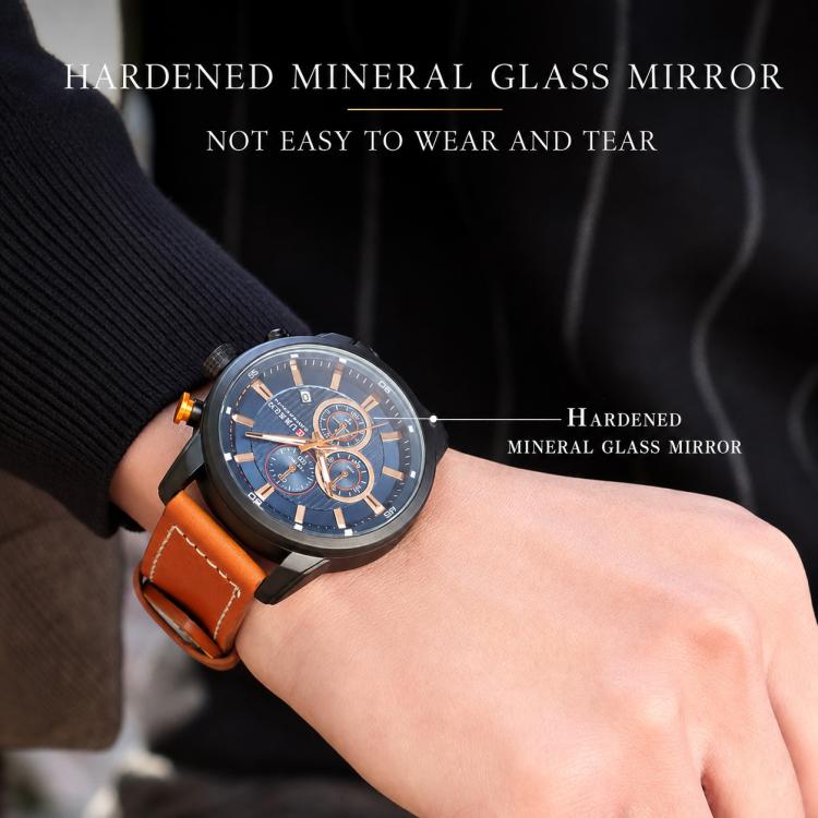 Mens CURREN analog watch with blue dial, silver case, brown vegan leather strap