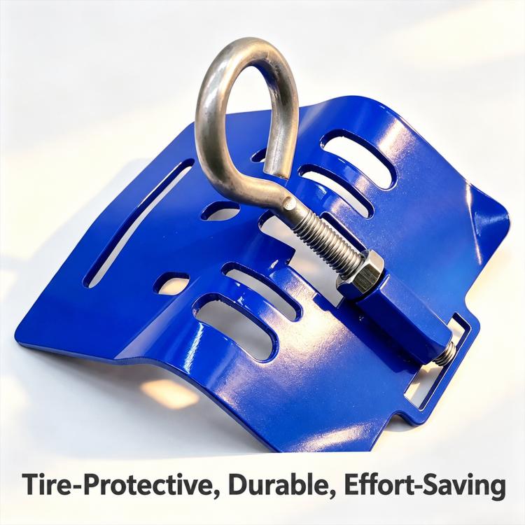 Blue tire dent repair holding stand with U-shaped handle and threaded screw clamp