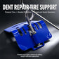 Blue tire dent repair stand with U-shaped handle, threaded clamp, and support rod
