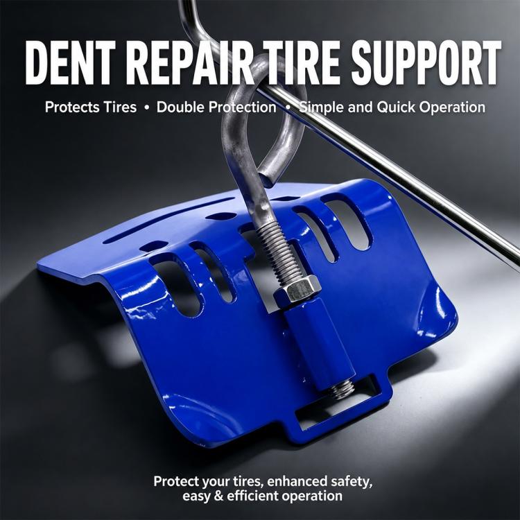 Blue tire dent repair stand with U-shaped handle, threaded clamp, and support rod