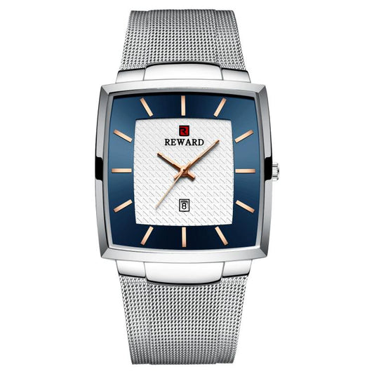 Men's quartz wristwatch with blue dial, calendar window, and silver mesh band
