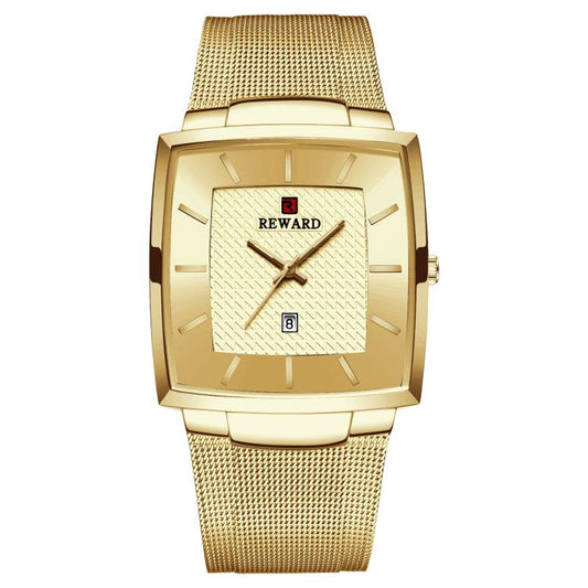 Men's quartz wristwatch with gold dial, calendar window, and gold mesh band