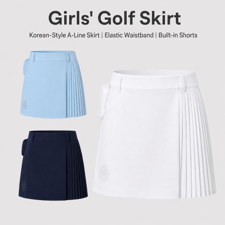Girls golf skort color lineup with pleated light blue, navy, and white options