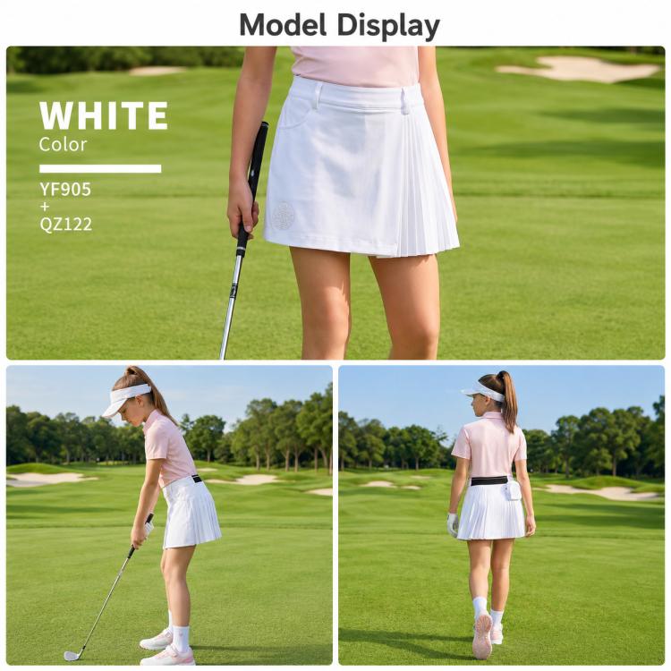 Girls white pleated golf skort with elastic waist on a model outdoors