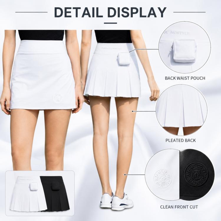Women’s pleated sports skirt showing back waist pouch, pleated back, clean front cut