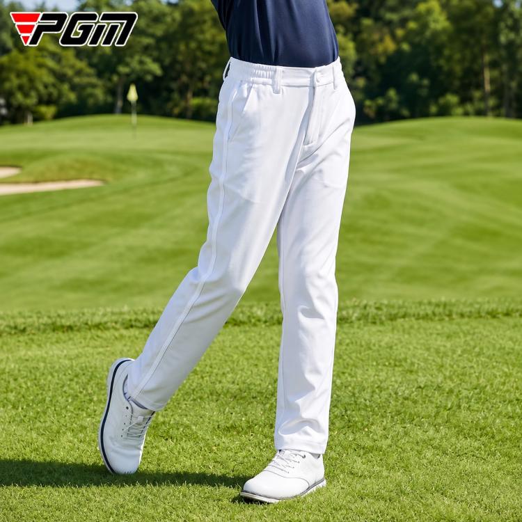 Boys' golf pants, white side view with belt loops and button waist