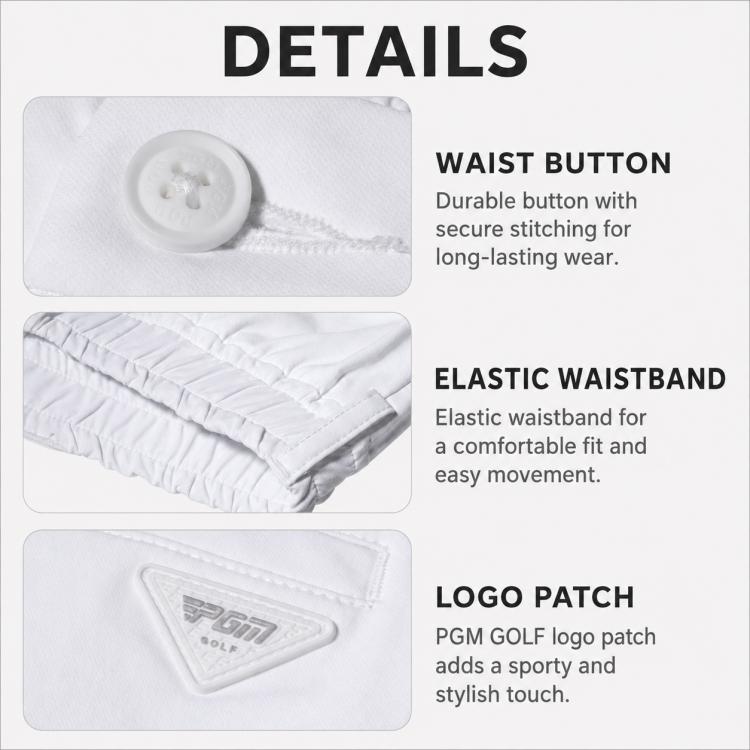 White boys golf pants detail: waist button, elastic waistband, and logo patch