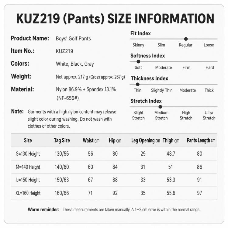 KUZ219 boys golf pants size chart with waist, hip, and leg measurements