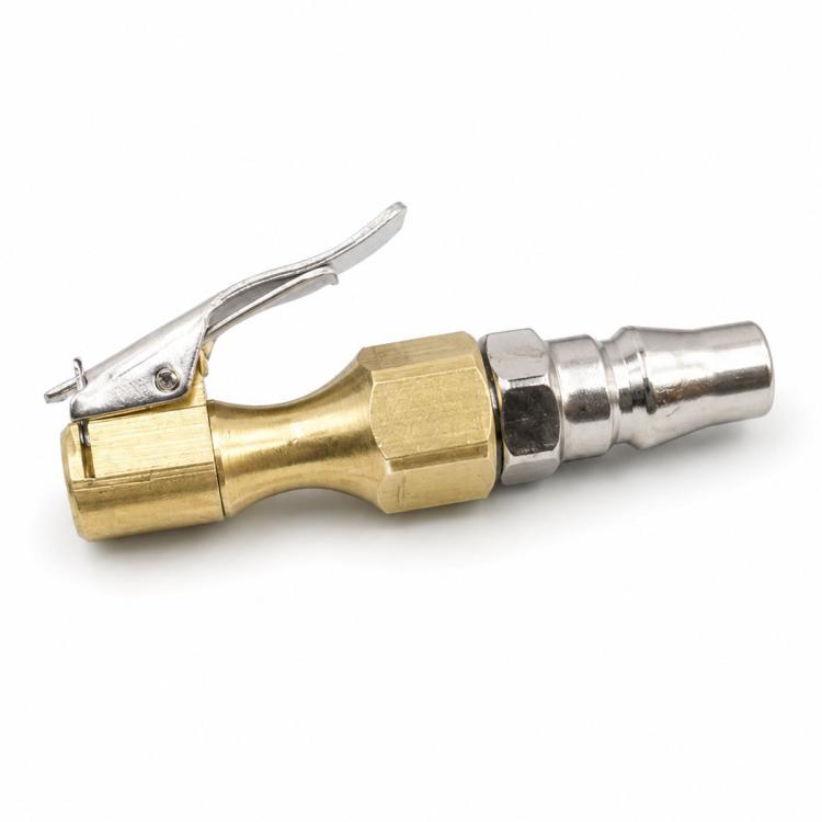 Brass air tire quick inflation and deflation chuck with metal clip lever