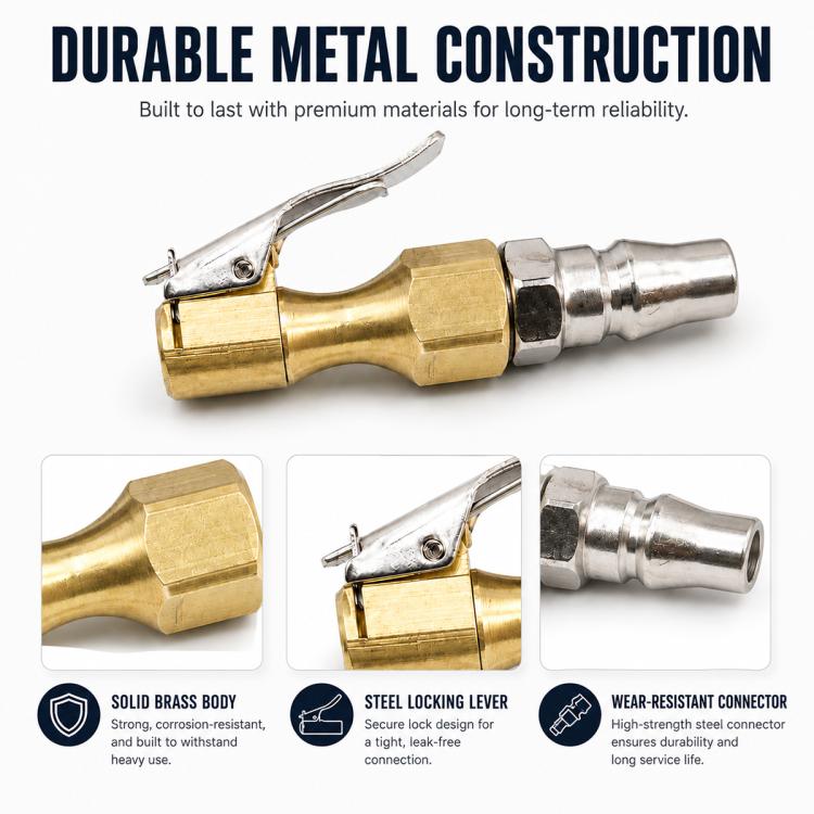 Brass and steel tire air chuck with connector and protective metal build