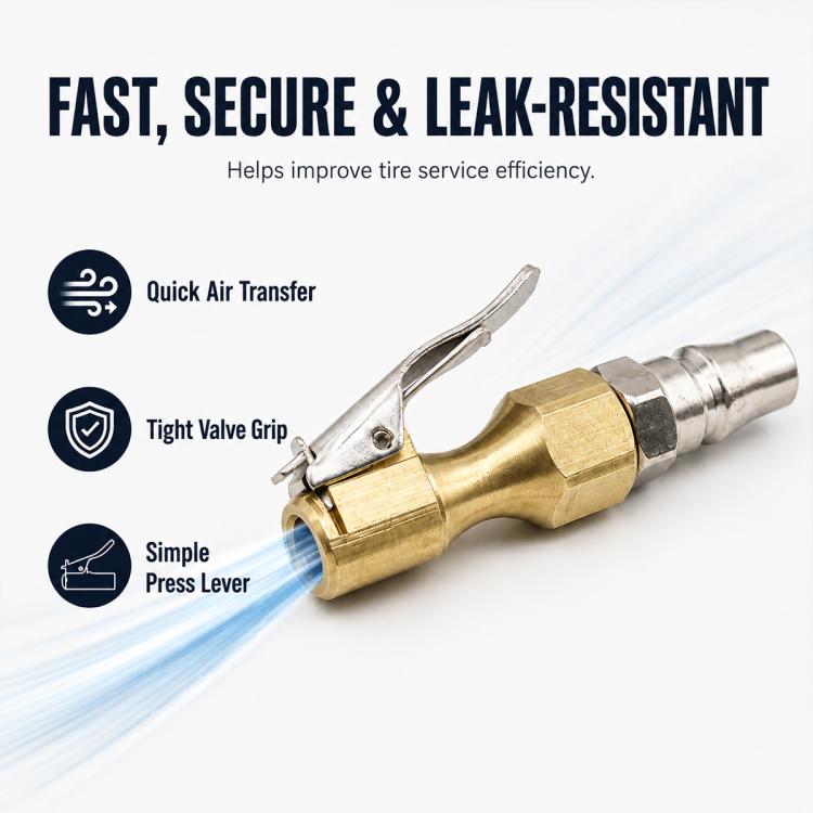 Brass air transfer chuck with valve grip and lever for inflation and deflation