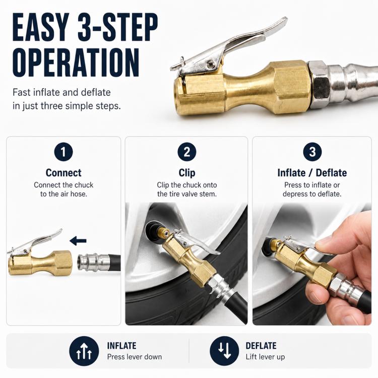 Brass 3-step tire inflator/deflator valve with clamp lever and hose connector