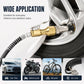 Brass quick-connect air chuck attached to a car wheel valve stem with hose
