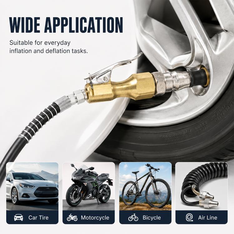 Brass quick-connect air chuck attached to a car wheel valve stem with hose