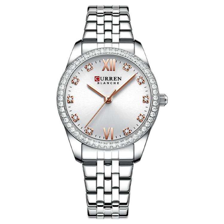 Women’s stainless steel quartz watch with white dial, rhinestone bezel, and metal bracelet