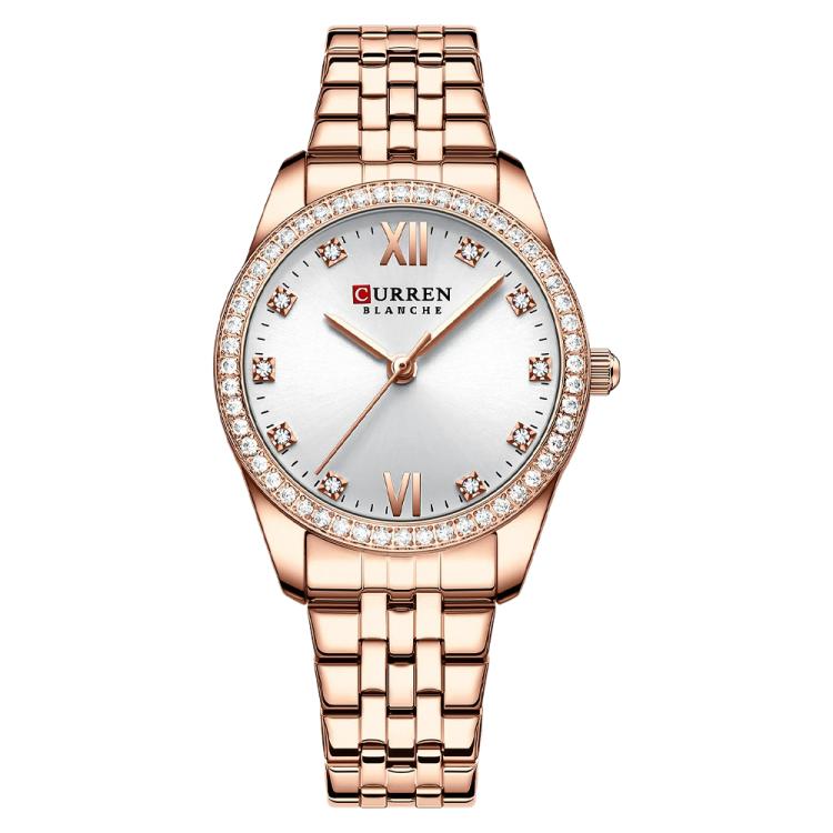 Women’s rose gold quartz watch with white dial, rhinestone bezel, and metal bracelet