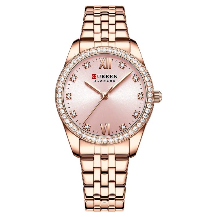Women’s rose gold quartz watch with light pink dial, rhinestone bezel, and metal bracelet
