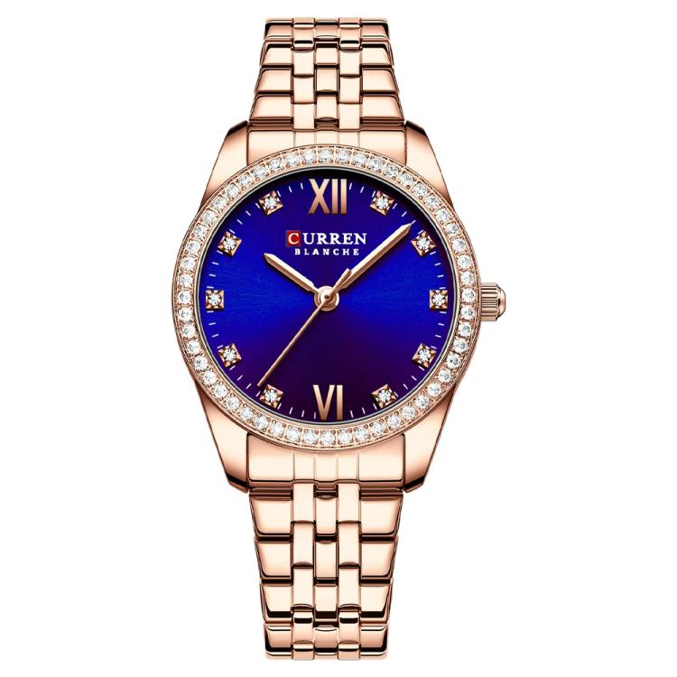 Women’s rose gold quartz watch with dark blue dial, rhinestone bezel, and metal bracelet