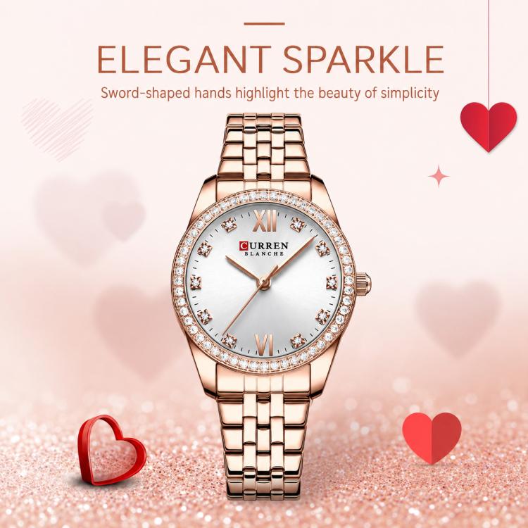 Women’s rose gold quartz watch with white dial, rhinestone bezel, and metal bracelet