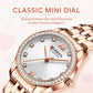 Women’s rose gold quartz watch with white dial, rhinestone bezel, and metal bracelet