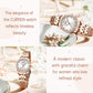 Women’s rose gold quartz watch with white dial and rhinestone bezel on wrist