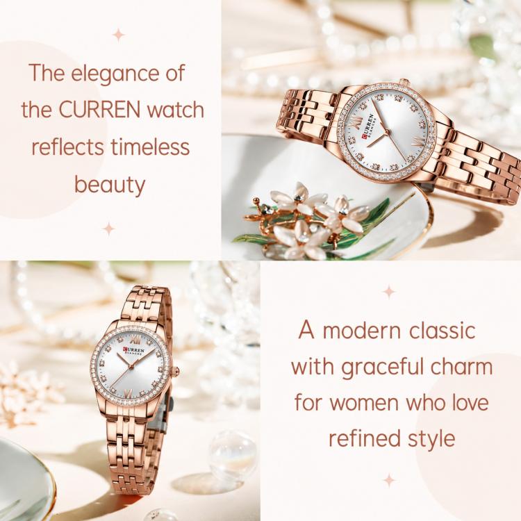 Women’s rose gold quartz watch with white dial and rhinestone bezel on wrist
