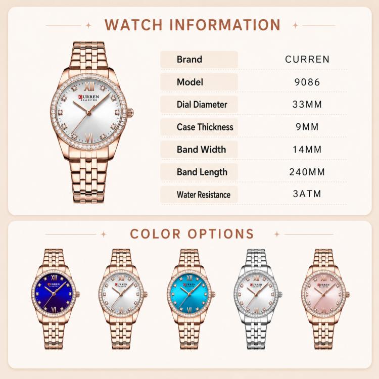 Women’s rose gold quartz watch with white dial and rhinestone bezel, full view