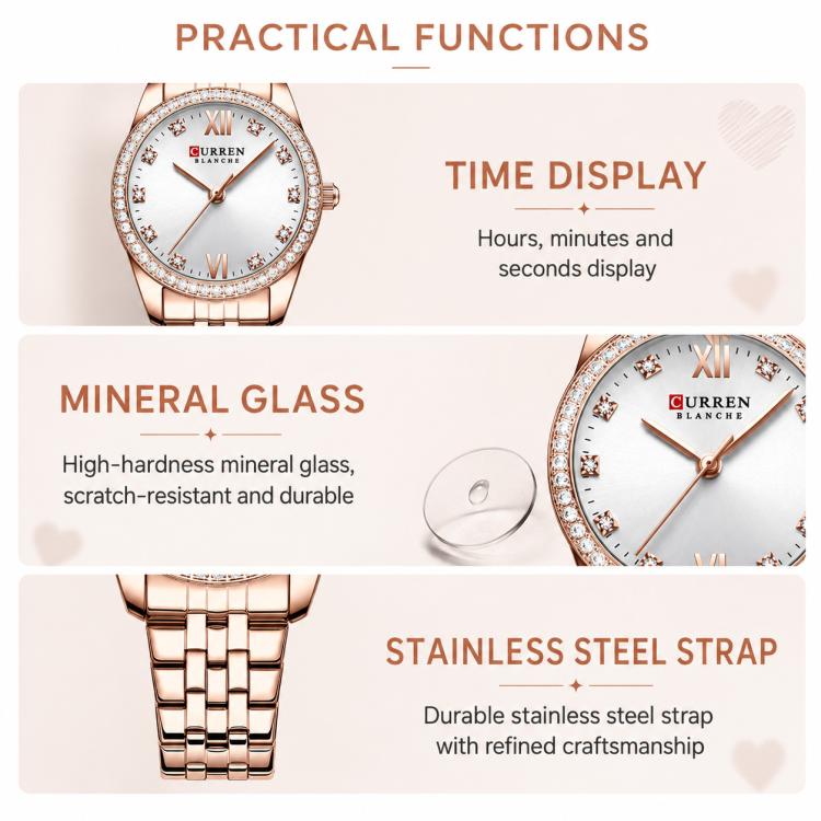 CURREN quartz watch with white dial, crystal bezel, and rose-gold stainless steel strap
