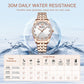 CURREN quartz watch with white dial, crystal bezel, and rose-gold metal link strap