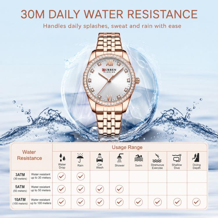 CURREN quartz watch with white dial, crystal bezel, and rose-gold metal link strap