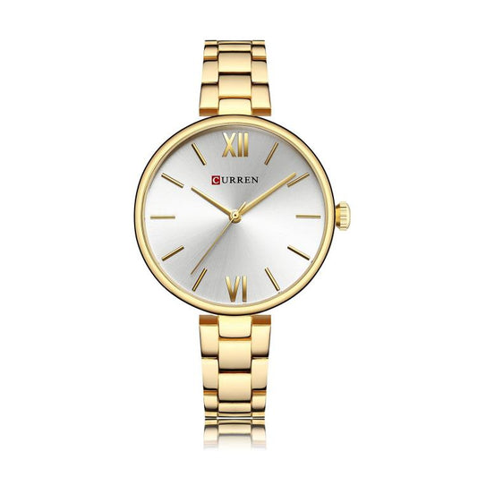 CURREN women's quartz watch with alloy strap, gold case, white dial, Roman numerals