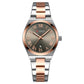 Women’s stainless steel quartz watch with rose-accent case and gray dial, date window.