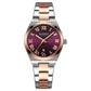 Women’s stainless steel quartz watch with purple dial and date window, rose-accent links.