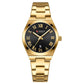 Women’s stainless steel quartz watch with black dial and date window, gold tone bracelet.