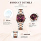 Women’s quartz watch product details: purple dial and two-tone stainless steel bracelet.