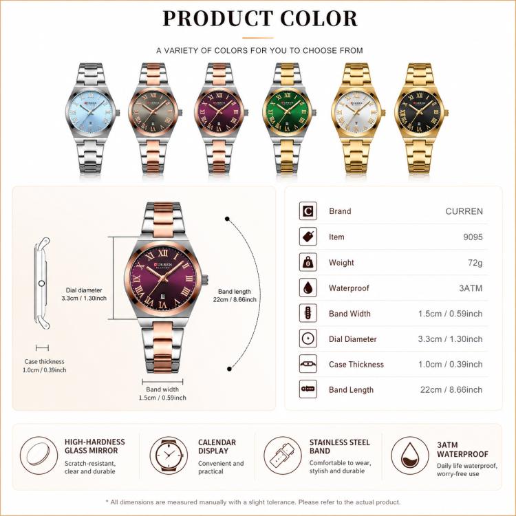 Watch color chart with stainless steel quartz options and calendar/size diagrams
