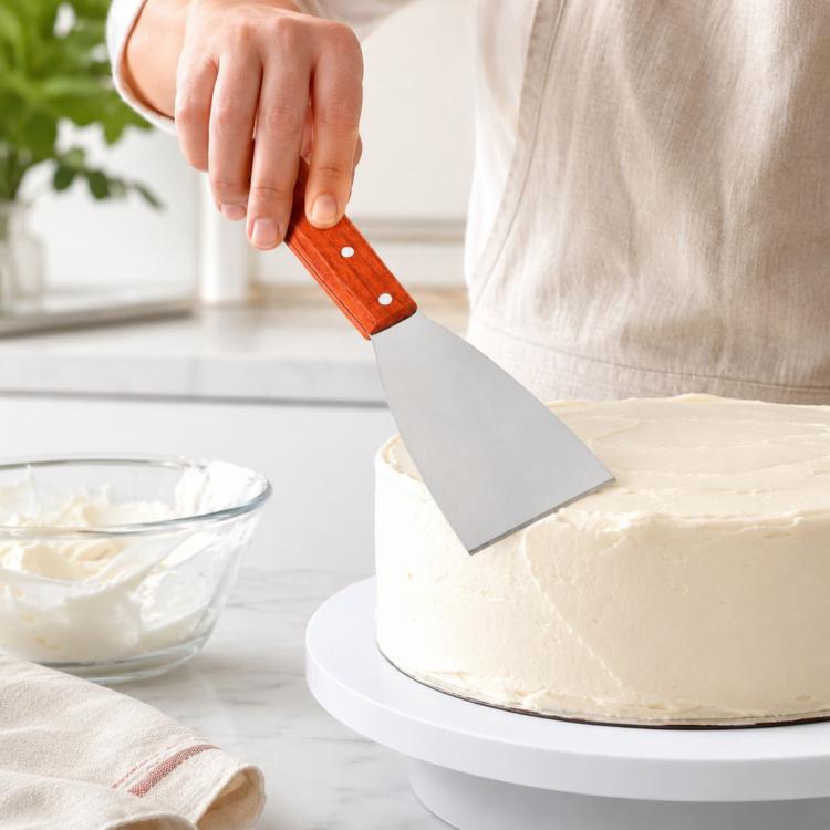 Stainless steel cake spatula with wooden handle, spreading frosting on a round cake