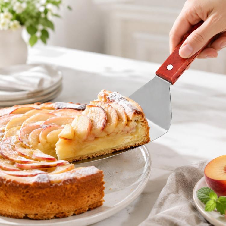 Stainless steel angled cake spatula with wooden handle, lifting a slice of apple cake