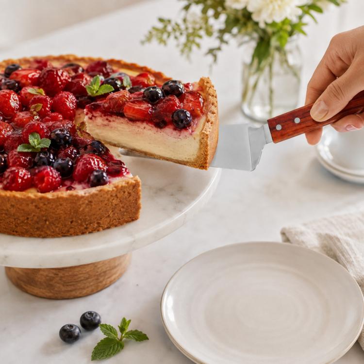 Stainless steel cake spatula with wooden handle, serving berry cheesecake