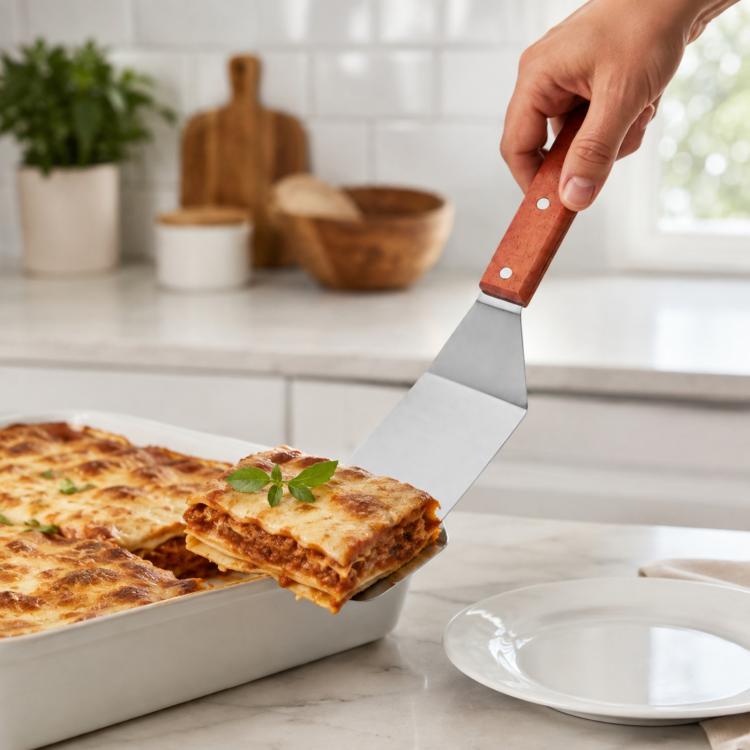 Stainless steel angled spatula with wooden handle, lifting baked lasagna from a dish