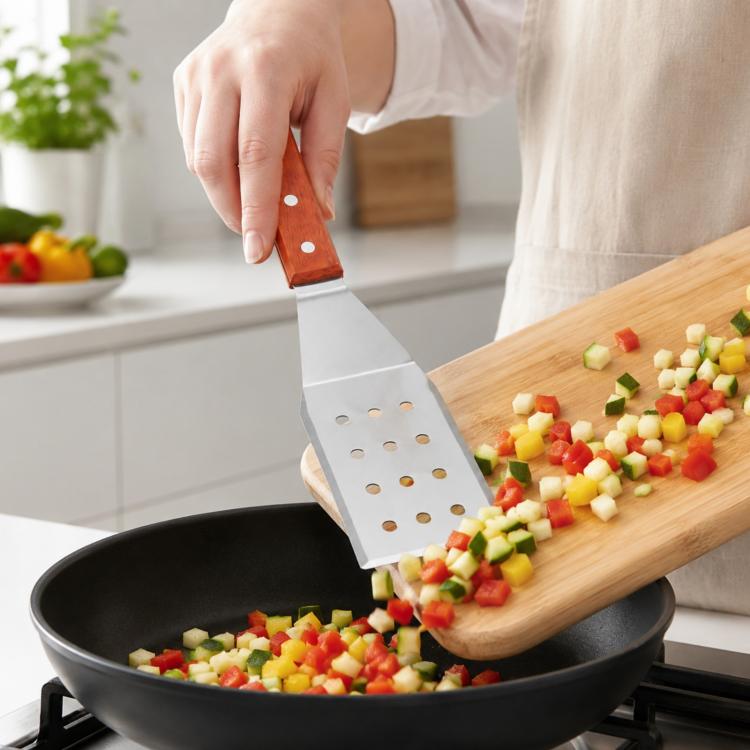 Stainless steel slotted spatula with wooden handle, lifting diced vegetables from a skillet