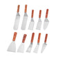 Set of stainless steel cooking spatulas with wooden handles, including slotted and triangular blades