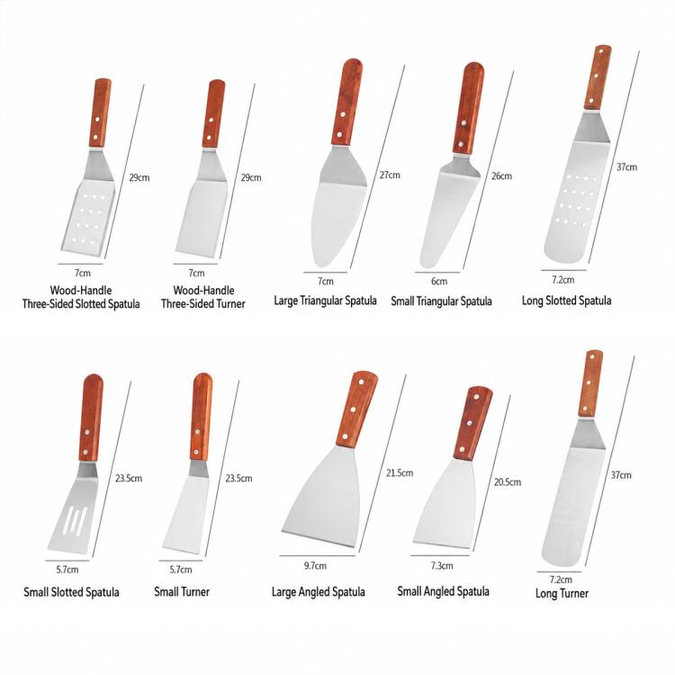 Assorted stainless steel spatulas with wooden handles, shown with angled and slotted heads