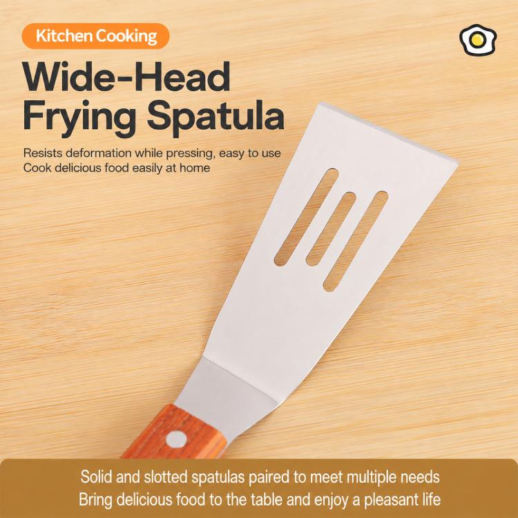 Wide-head frying spatula with stainless steel slotted blade and wooden handle
